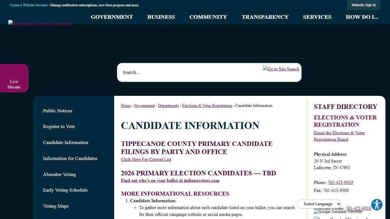 Candidate Information Tippecanoe County, IN