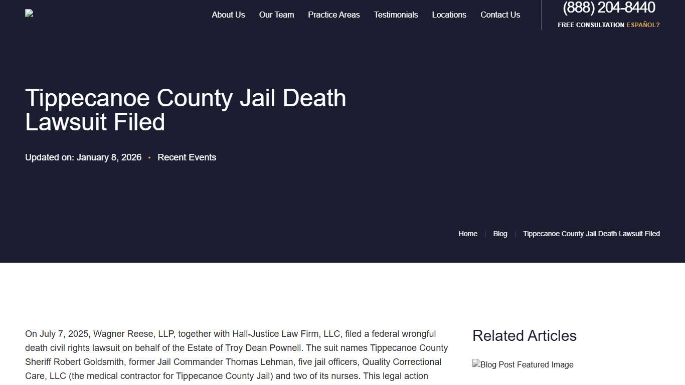 Tippecanoe County Jail Death Lawsuit Wagner Reese